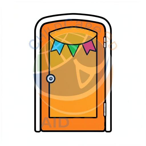 Orange door with colorful triangular flags