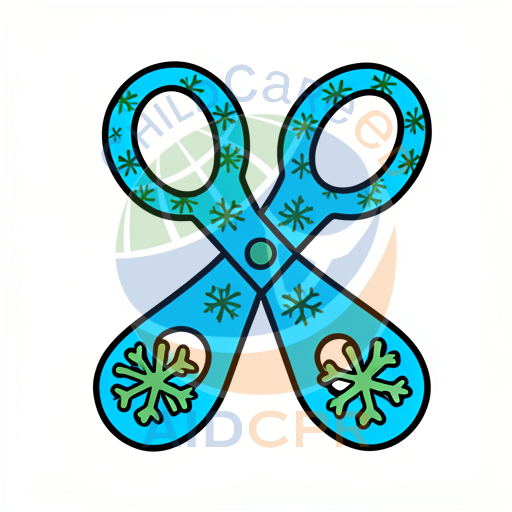 Blue scissors with green snowflake pattern