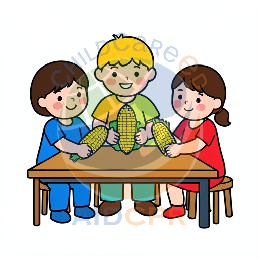 Three children sharing corn at a table