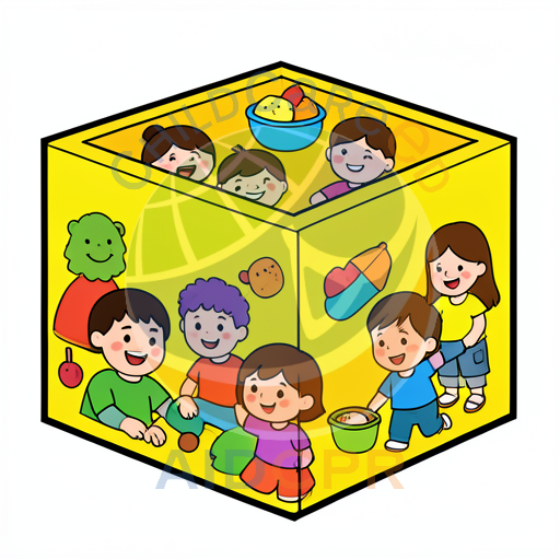 Children playing together inside a yellow cube