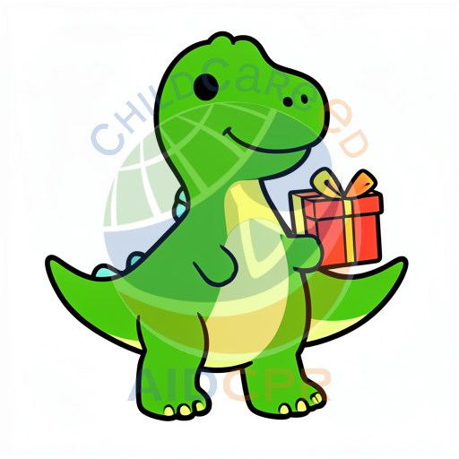 Smiling dinosaur presenting wrapped present