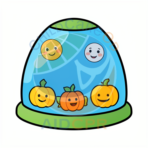 Happy pumpkins inside a blue dome