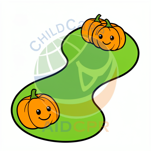 Three smiling pumpkins on a green shape
