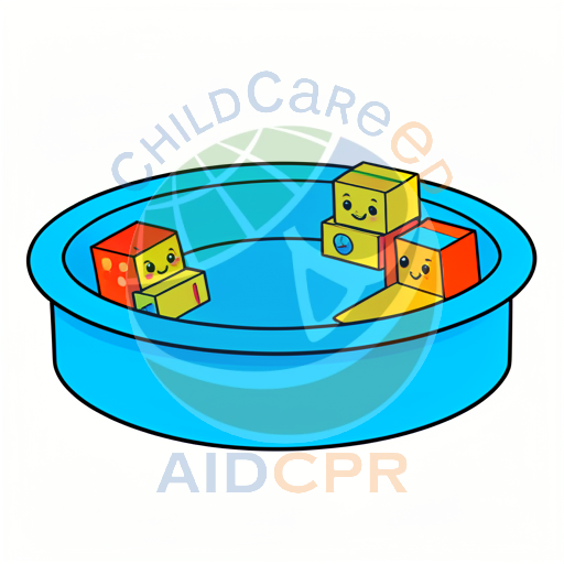 Three smiling blocks playing in a blue pool