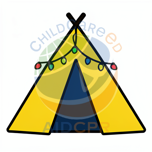 Yellow tent with string lights glowing