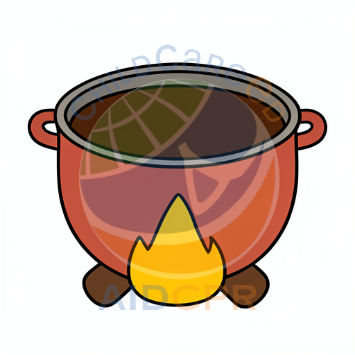 Red pot boiling over campfire