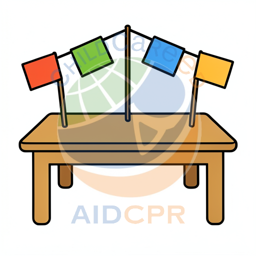 Table with colorful flags waving