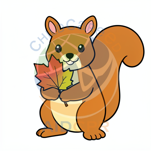Cute squirrel holding autumn maple leaf