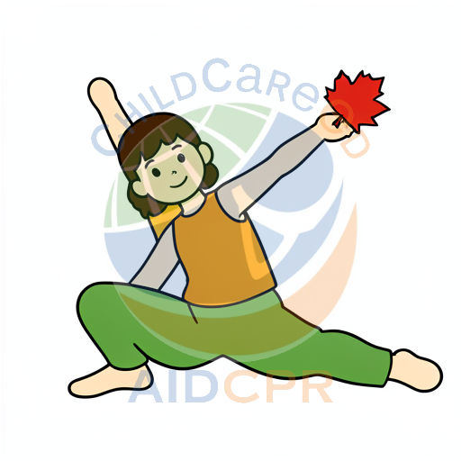 Child doing yoga with red maple leaf