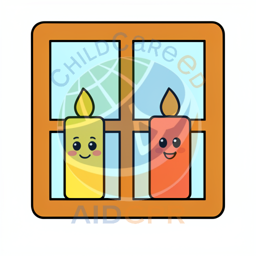 Two smiling candles glowing by window