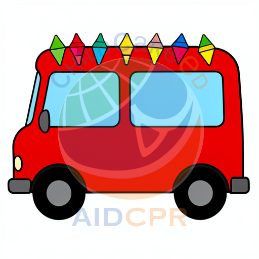 Red van with colorful triangular decorations