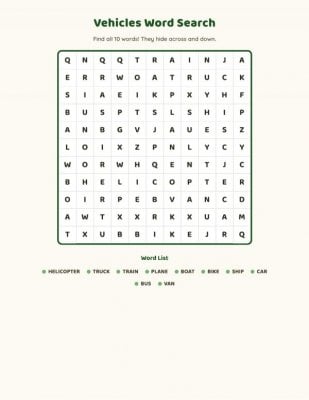 Word Search - Vehicles 