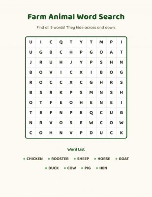 Word Search - Farm Animals