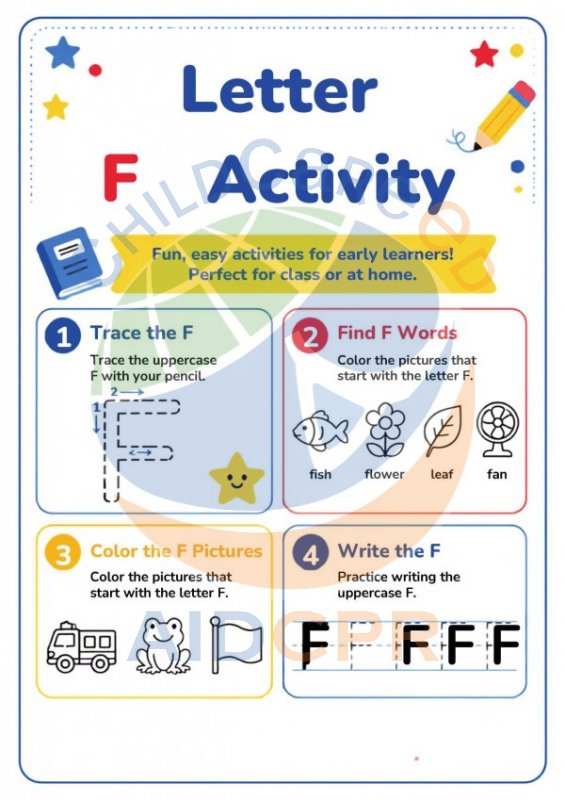 Letter F: Trace, Find, Color & Write