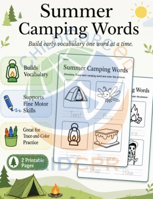 Summer Camping Words: Trace-and-Color Vocabulary Practice