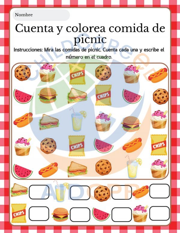 Cuenta y colorea comida de picnic