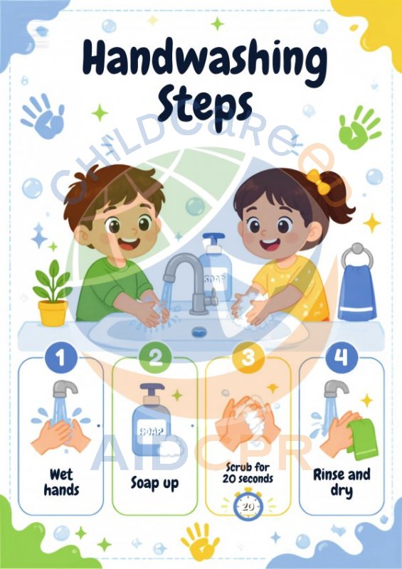 Handwashing Steps Poster: Wet, Soap, Scrub, Rinse and Dry
