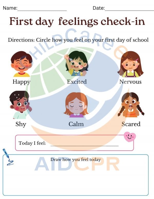 First Day Feelings Check-In Worksheet for Kindergarten