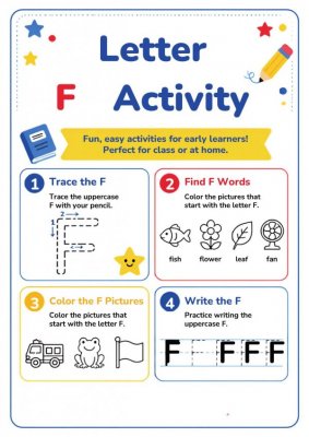 Letter F: Trace, Find, Color & Write