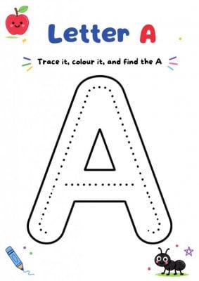 Letter A: Trace, Color & Find Activity