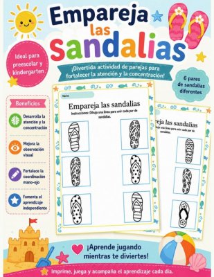 Empareja las sandalias: actividad de atenci&oacute;n y concentraci&oacute;n para preescolar y kindergarten