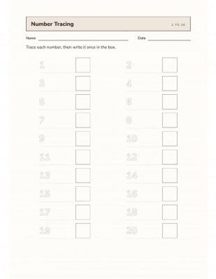 Number Tracing 1-20: Trace and Write Practice