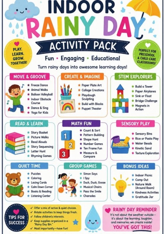 Indoor Rainy Day Activity Pack: 50+ Ideas for Preschool & Child Care