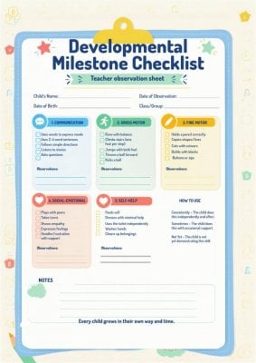 Developmental Milestone Checklist | Preschool Teacher Observation Sheet