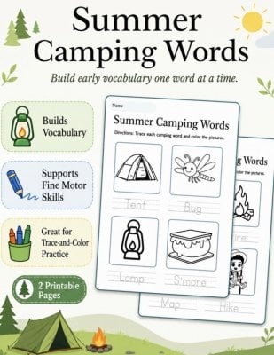 Summer Camping Words: Trace-and-Color Vocabulary Practice