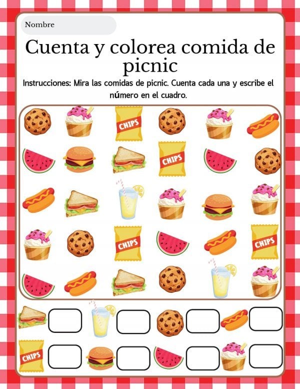 Cuenta y colorea comida de picnic