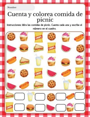 Cuenta y colorea comida de picnic