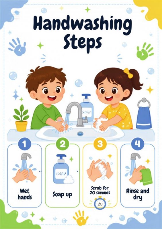 Handwashing Steps Poster: Wet, Soap, Scrub, Rinse and Dry
