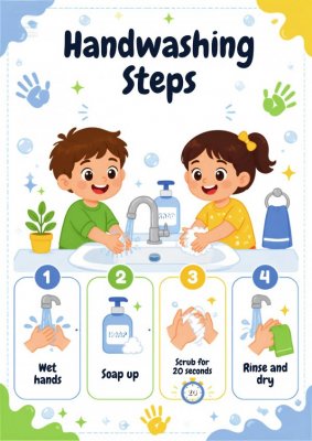 Handwashing Steps Poster: Wet, Soap, Scrub, Rinse and Dry