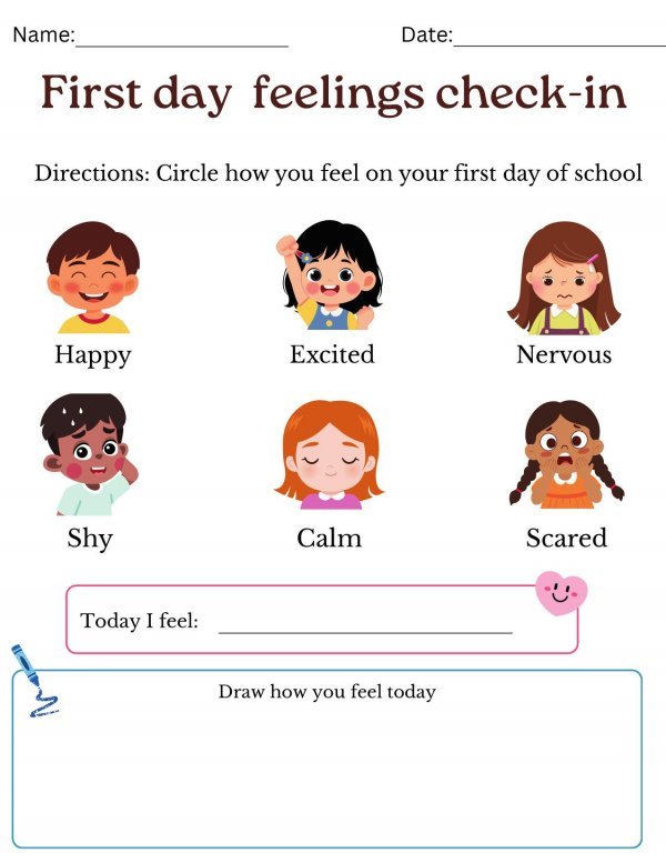 First Day Feelings Check-In Worksheet for Kindergarten