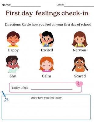First Day Feelings Check-In Worksheet for Kindergarten