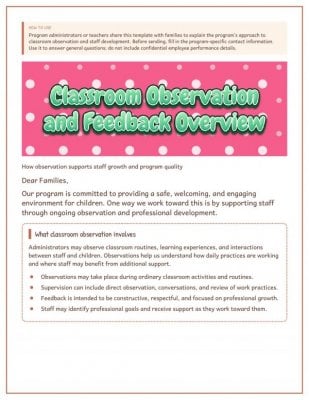 Classroom Observation and Feedback Overview: Family Communication Template