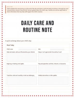 Daily Care and Routine Note: Childcare Family Communication Sheet