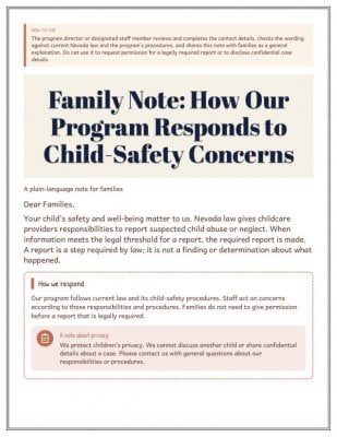 Family Note: How Our Program Responds to Child-Safety Concerns