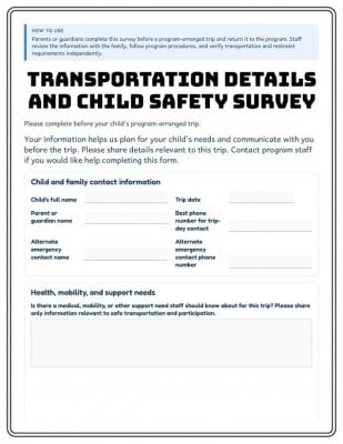Child Transportation Safety Toolkit: Forms, Checklist & Bus Activities