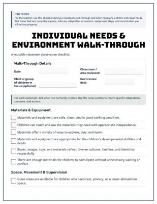 Individual Needs & Environment Walk-Through Checklist for Childcare Classrooms