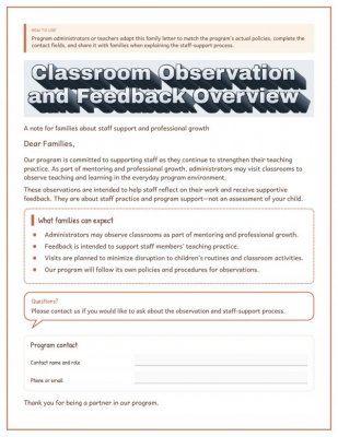 Classroom Observation and Feedback: Family Staff-Support Letter