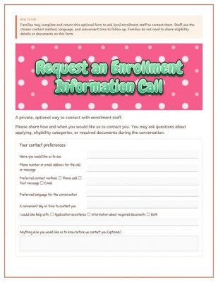 Request an Enrollment Information Call: Family Contact Preferences Form