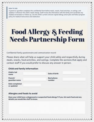 Childcare Food Allergy & Feeding Safety: Forms and Checklists