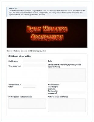 Daily Wellness Observation Form for Child Care