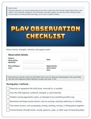 Preschool Play Observation Checklist for Noticing Children&rsquo;s Learning
