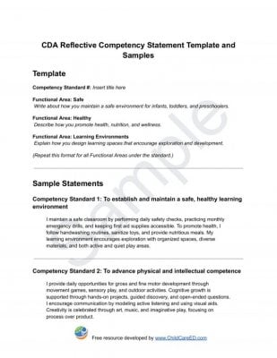 Birth to Five CDA Reflective Competency Statement Template and Samples