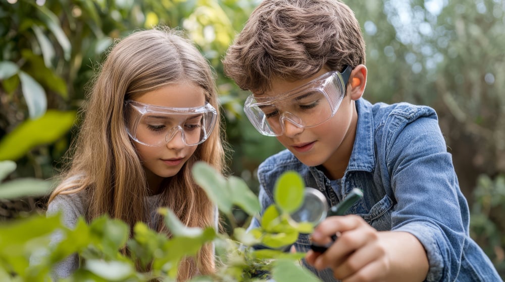 Curious Kids Investigating Plants image in article How to Build a Classroom Garden
